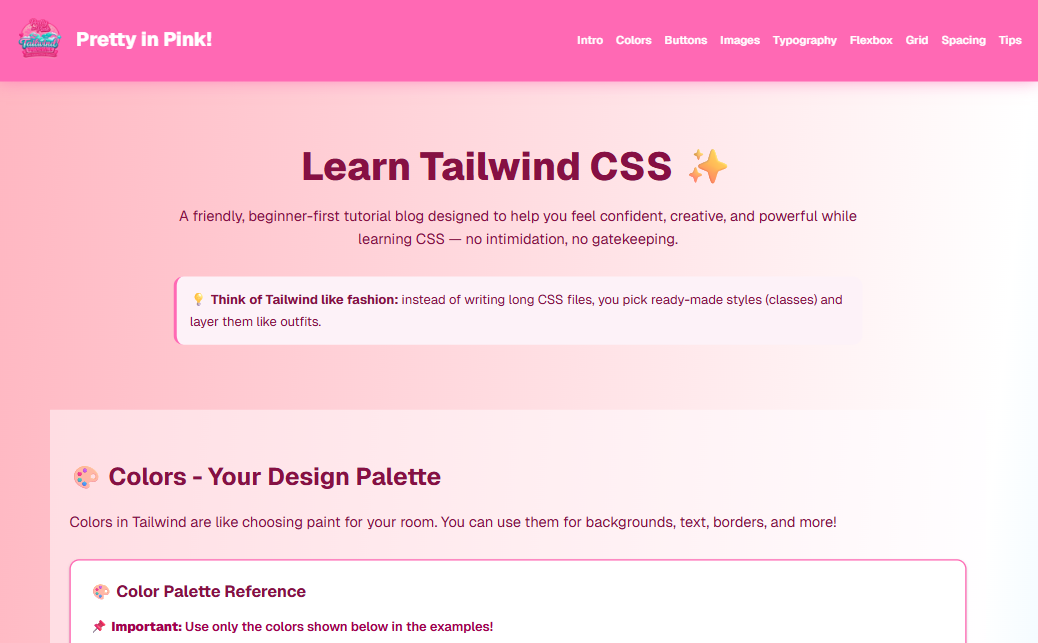 Screenshot of Pretty in Pink! Tailwind CSS Tutorial live demo